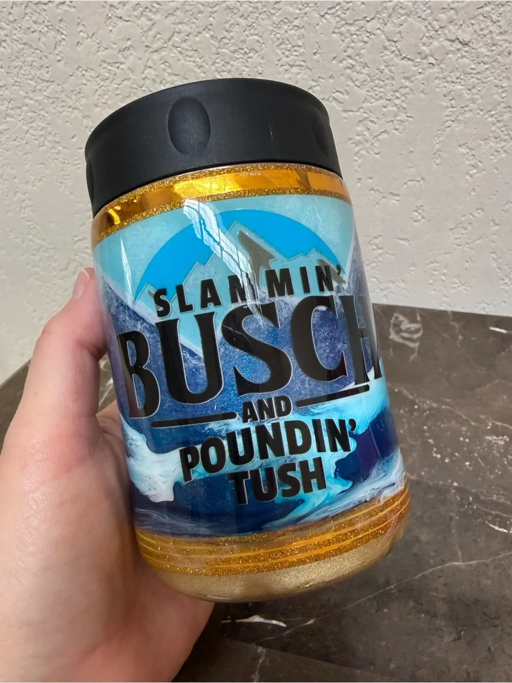 Slammin Busch Poundin Tush Standard 12 oz Can Cooler Hand Painted